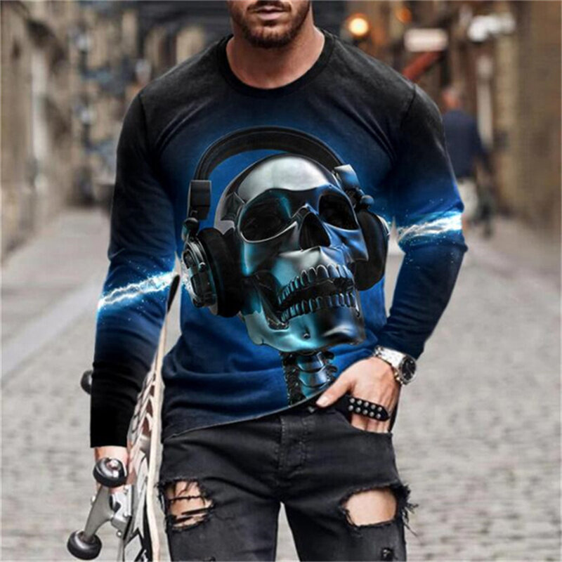 Kaus Kasual Lengan Panjang Leher Bulat Pria Ukuran Plus Baru Musim Gugur Kaus Pria Ukuran Besar Streetwear Cetak Digital Tengkorak Horor 3D