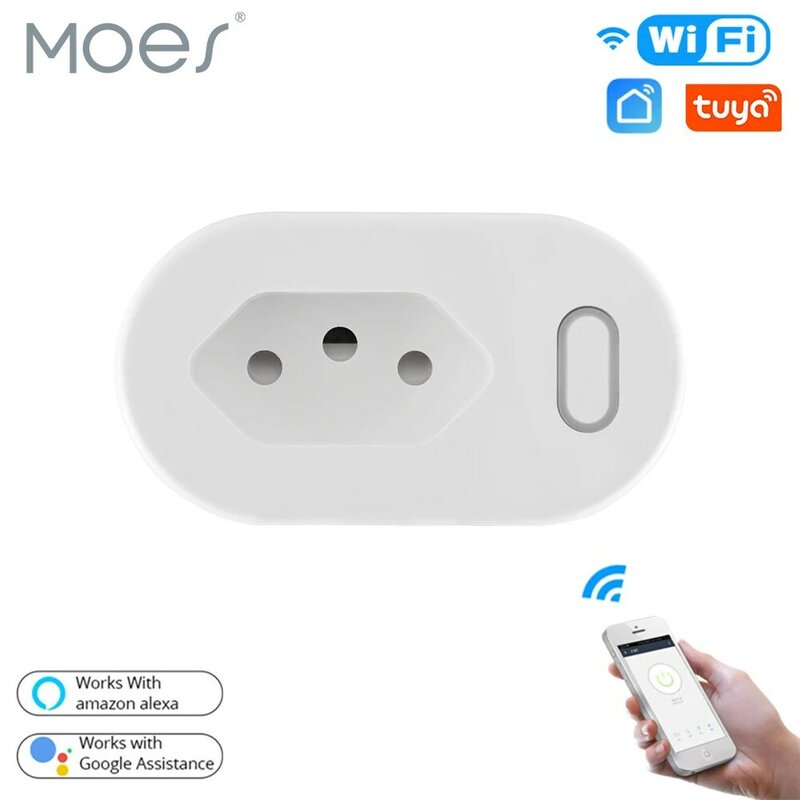 MOES Tuya 16A Brazil Standard Smart Plug with Power Monitor, Smart Life APP WiFi Smart Socket Works for Google Home, Alexa