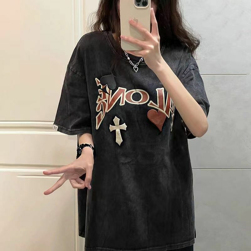 Kaus Kebesaran Vintage Lengan Pendek Longgar Jalan Hip Hop Leher Kru Gotik Kasual Harajuku Y2K Kaus Pakaian Pullover
