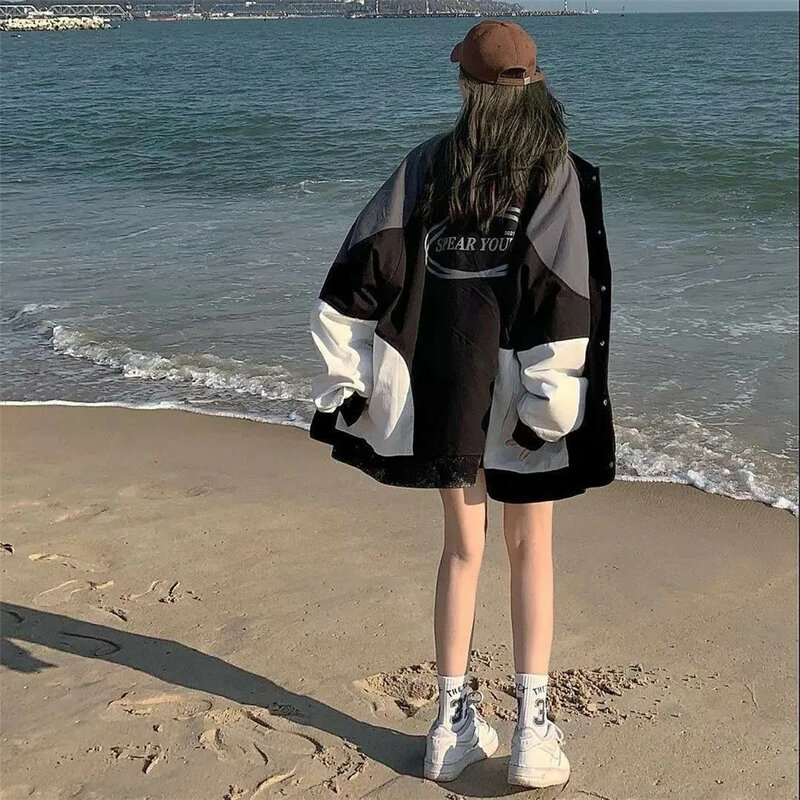 Корейский модный свитшот контрастных цветов Женская куртка-бомбер в стиле Харадзюку забавная толстовка на молнии осенний женский Молодежн...