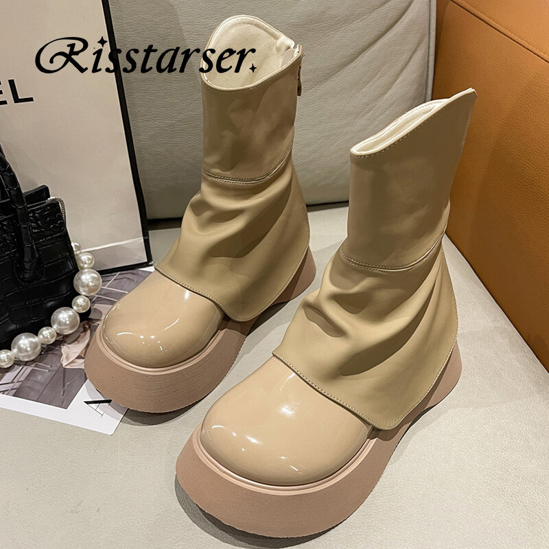 Risstarser النساء حذاء من الجلد عودة زيبر موضة أحذية منصة للإناث مثير سميكة سوليد النساء منتصف Culf الأحذية الخريف 2022