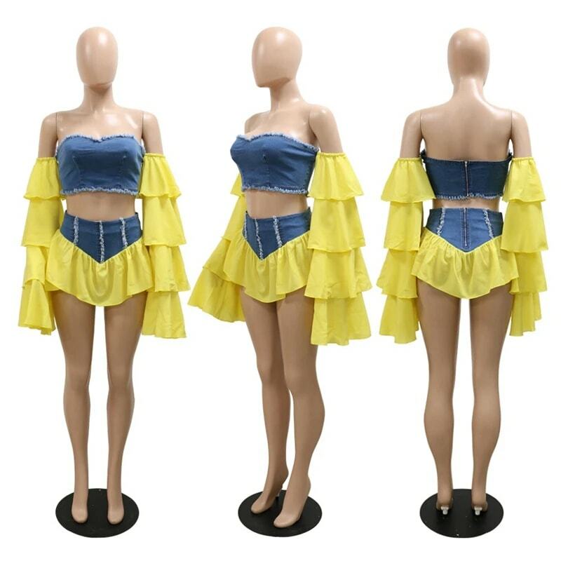 Denim Jean Patchwork Sexy Two Piece Set for Women Matching Sets Ruffle Flare Sleeve Crop Top and Skirt Set Festival Clothing