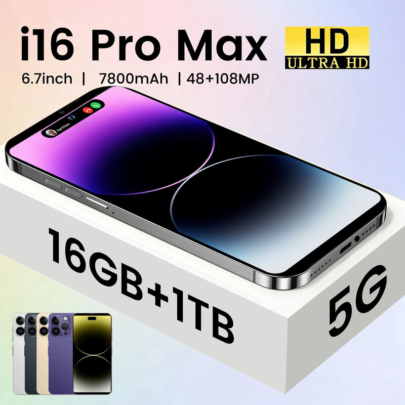 الأصلي i16 برو ماكس أندرويد الهاتف الذكي ، كامل الشاشة ، الوجه معرف الهواتف النقالة ، الإصدار العالمي ، 4G ، 5G الهاتف الخليوي ، 16GB + 1 تيرا بايت ، 6.7"