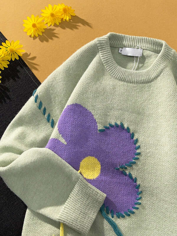 Suéteres Harajuku para Mujer, Jersey holgado de estilo japonés cálido Vintage, a la moda, con estampado de flores, Tops informales para Mujer