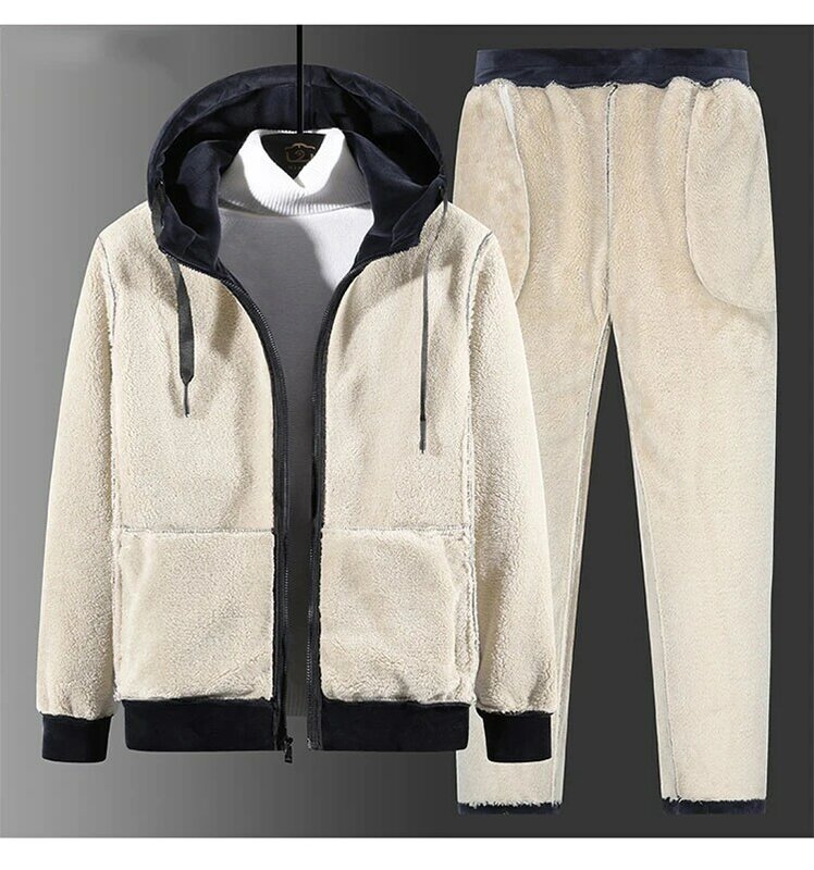 Conjunto de chándal cálido de terciopelo para hombre, chaqueta gruesa con capucha y pantalones, ropa informal de lana de 2 piezas, 6XL talla grande, Invierno