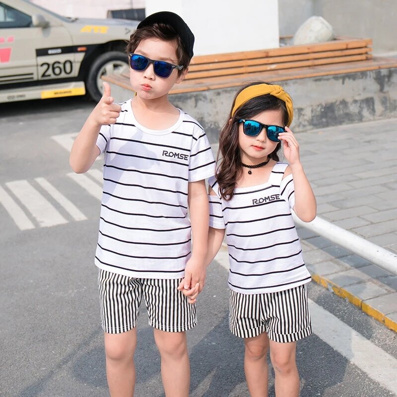 Vidmid novo bebê meninos meninas conjuntos de roupas listrado coreano pai-filho verão roupas de algodão moda família conjuntos 206 06
