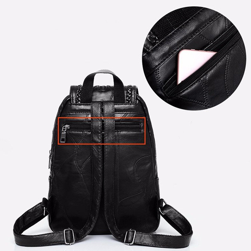2022 Women's Pu Leather Backpack School Bag Classic Black Waterproof Travel Multi-Function Shoulder Bag