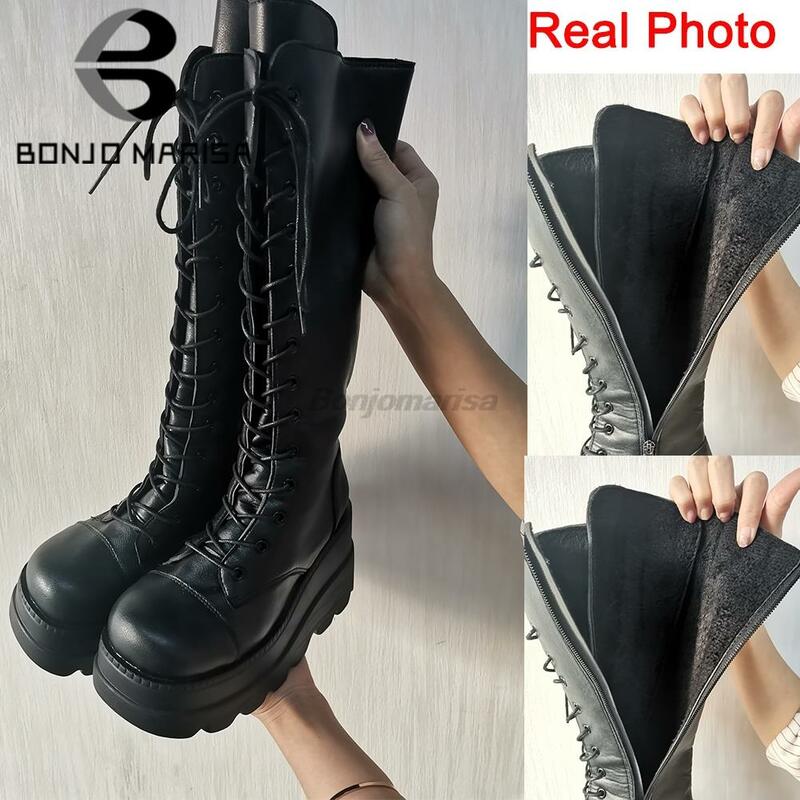 BONJOMARISA ladies fashion platform boots chunky heel wedges mid calf women  boots casual brand thick bottom winter shoes woman