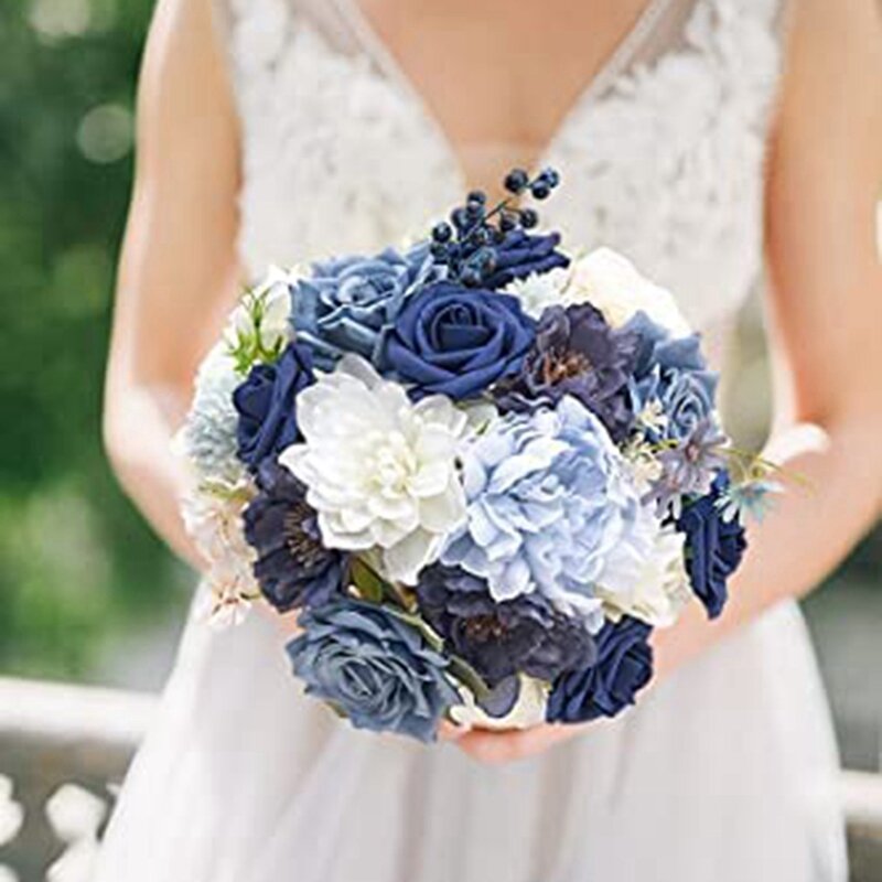 Fleurs artificielles pivoines bleues poussiéreuses, fausses fleurs, pour bricolage, Bouquets de mariée, centres de table, décorations de maison