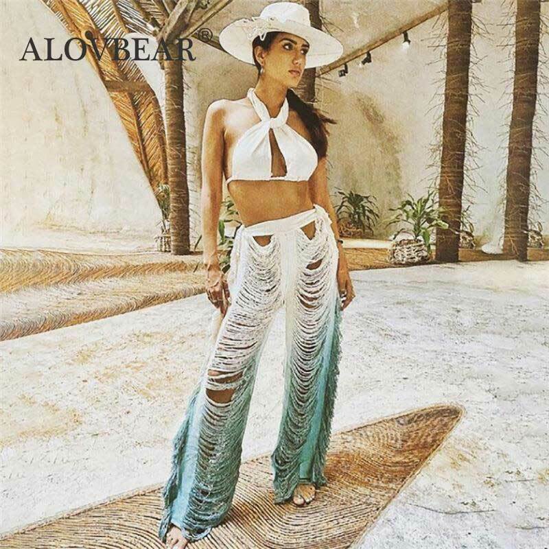 ALOVBEAR แฟชั่น Y2K ถักกางเกงผู้หญิง Hipster ของแข็งสูงเอวกางเกง Streetwear 2022แนวโน้ม Hollow Ripped กางเกง