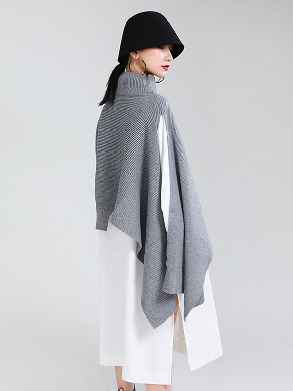 [Eam] cinza irregular tamanho grande tricô camisola poncho solto gola alta manga longa feminina nova moda outono inverno 2022 1z868