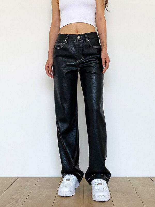กางเกงหนังสีดำผู้หญิงมาใหม่ล่าสุด Luxury ฤดูหนาวหนา Faux Pu กางเกง Streetwear Y2k หลวมตรง Mom Fit กางเกงสบายๆ