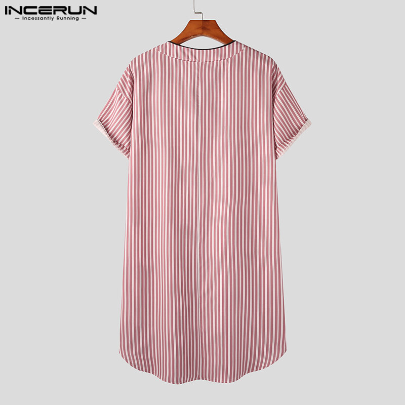 INCERUN Men Striped Nightgown Short Sleeve Sleep Robes V Neck Cotton Homewear 2023 Breathable Men Dressing Gown Cozy Bathrobes