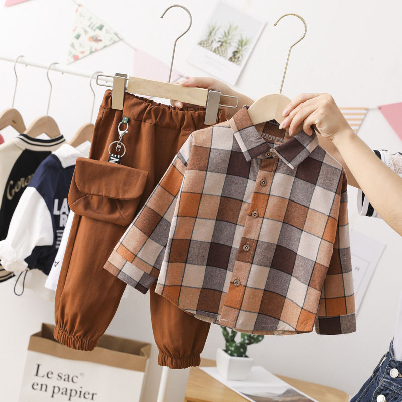 Conjunto de ropa de algodón para niños pequeños, camisa de solapa a cuadros y pantalones para otoño e invierno, 2 piezas