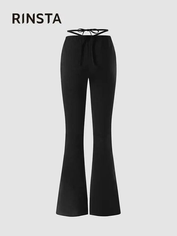 RINSTA 2022 Summer Autumn Women Pants Hollow Out Straps Long Trousers Solid Black Pant Bell-Bottoms Pants