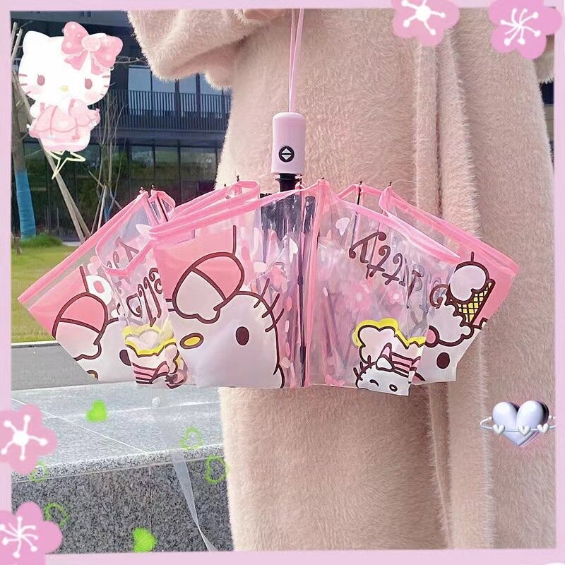 Cute Transparent Umbrella Pink Automatic Folding Kawaii Cartoon Portable Umbrella Clear Thickening Japanese Tools Ins Girl Gift