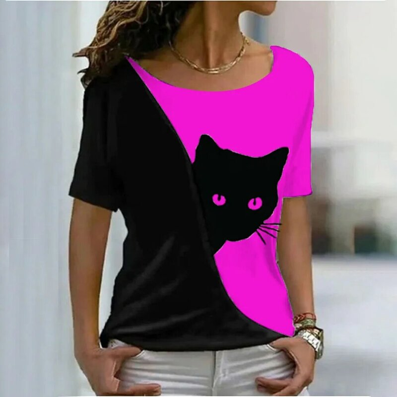 Kaus Modis untuk Wanita Atasan Kasual Harajuku 3d Gambar Kucing Lucu Atasan Musim Panas Kaus Lengan Pendek Lucu Wanita Besar 2022