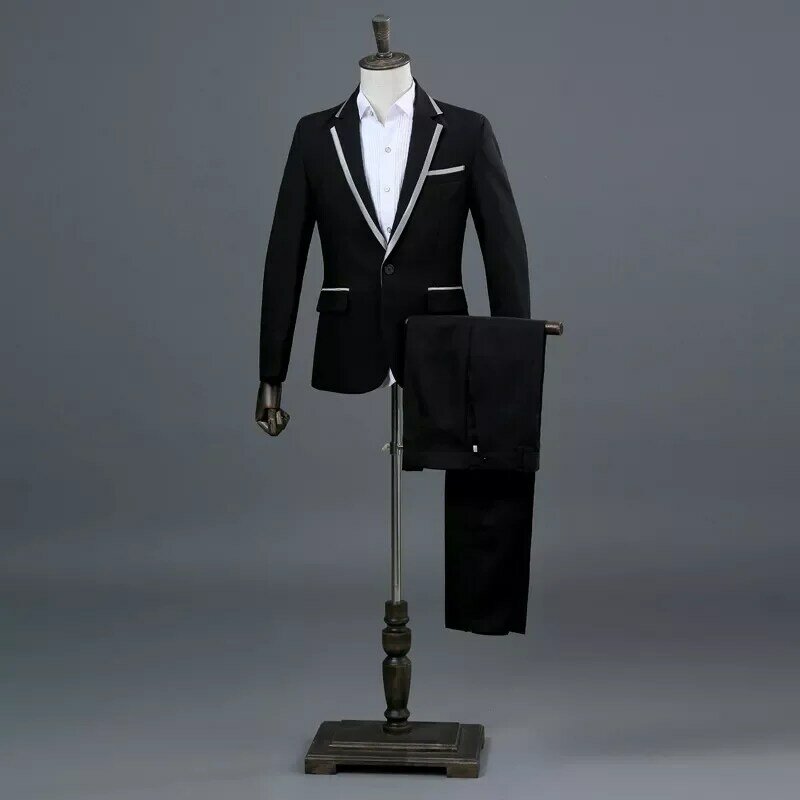 Trajes de 2 piezas para hombre, traje de cantante de escenario de corte Vintage para boda, ropa, traje de cantar con botonadura, negro, blanco y plata