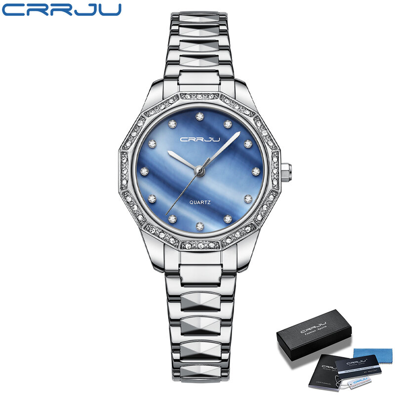 Classic Quartz Women's Watch With Diamonds Top Brand CRRJU Reloj Mujer Girls Fashion Steel Mesh Wristwatch For Ladies Gift