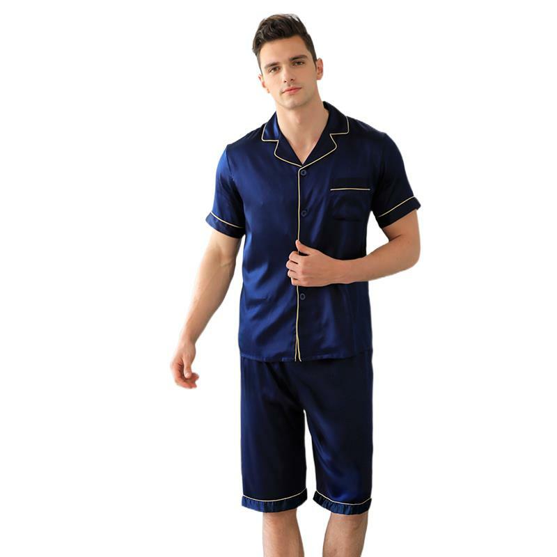 Pijamas de seda 100% Natural para hombre, trajes informales de verano, de manga corta, transpirables, talla grande XL 3XL