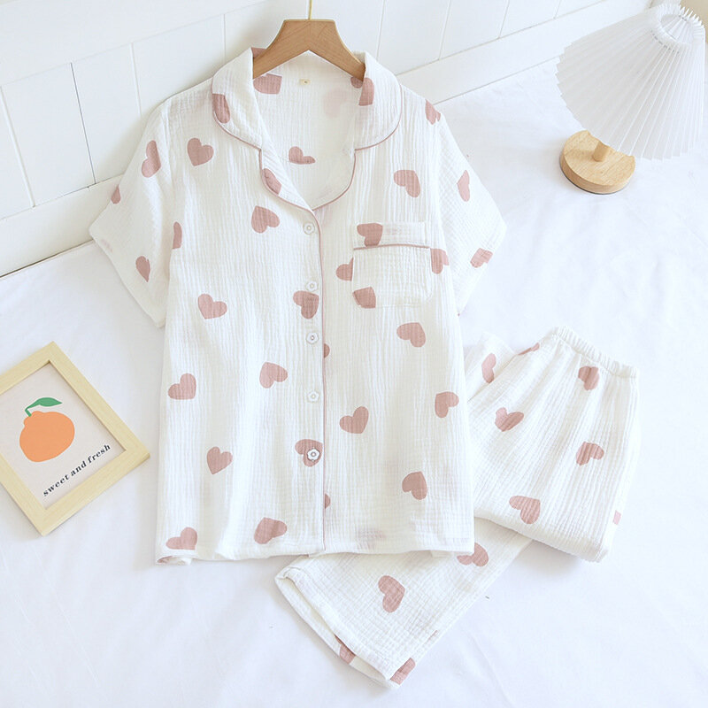 Pijama feminino seção fina lavado algodão gaze crepe sleepwear conjunto senhoras doce bonito calças de manga curta terno de serviço de casa