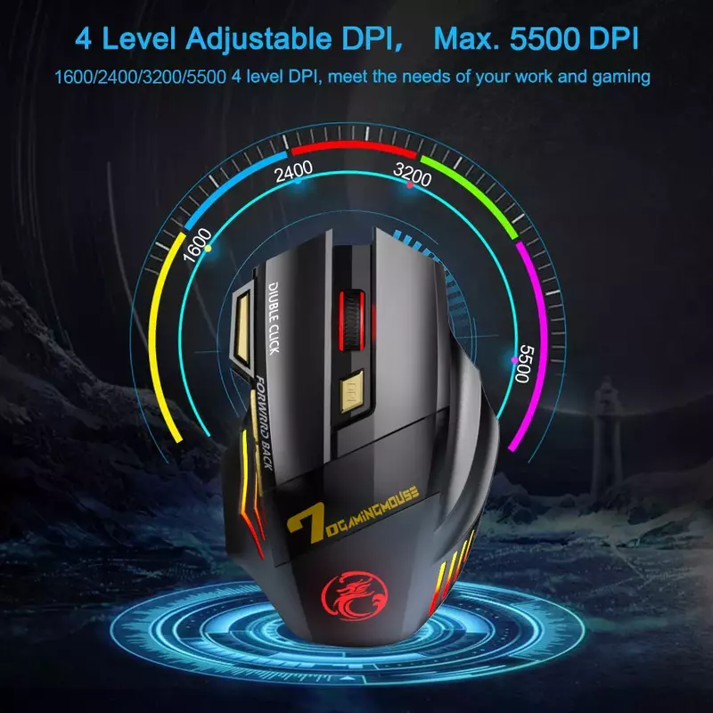 Ratón inalámbrico con Bluetooth para juegos, Mouse silencioso recargable con retroiluminación LED, ergonómico, RGB, para PC y portátil