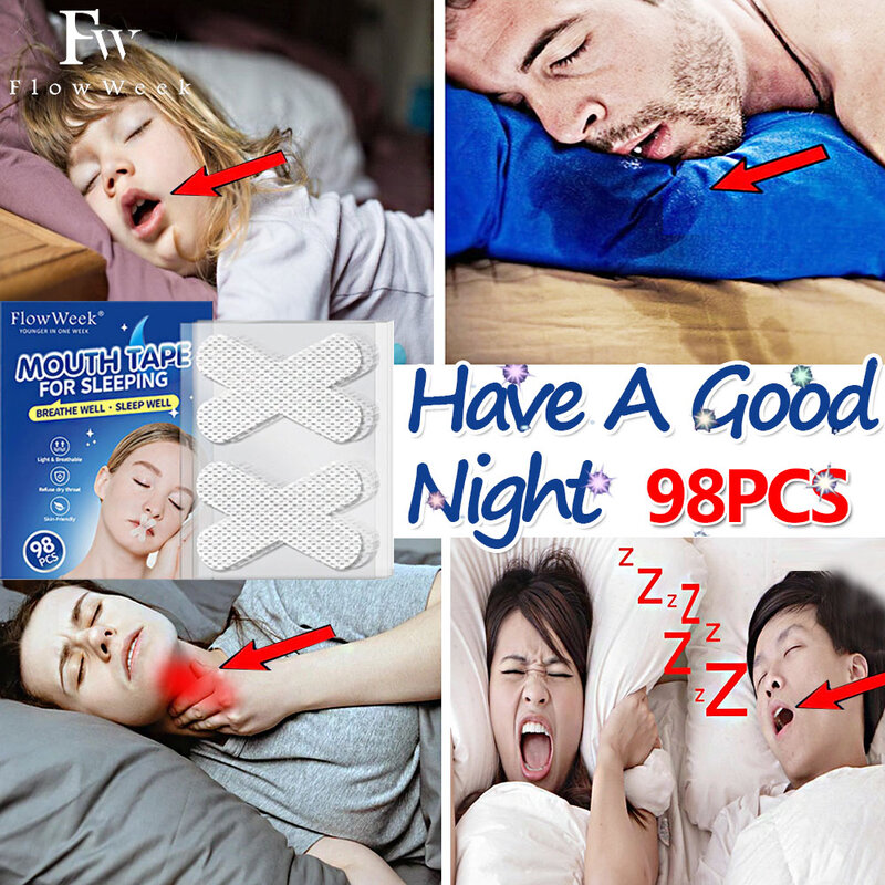 Fita bucal anti-ronco para adultos e crianças, sono noturno, respiração nasal, remendo de correção, correção labial confortável, 98pcs