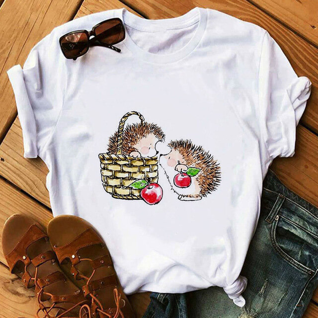 귀여운 고슴도치 프린팅 반팔 티셔츠 여성용, 여름 러브 시리즈 고스 탑