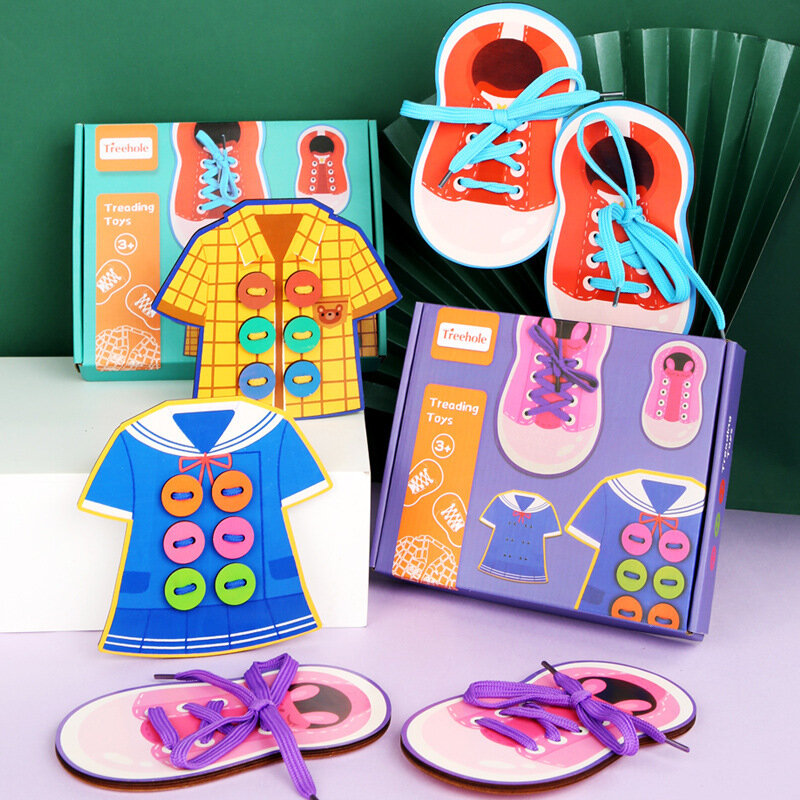 モンテッソーリ-子供向けの木製ゲーム,靴ひも,教育,スキル玩具,教育アクセサリー