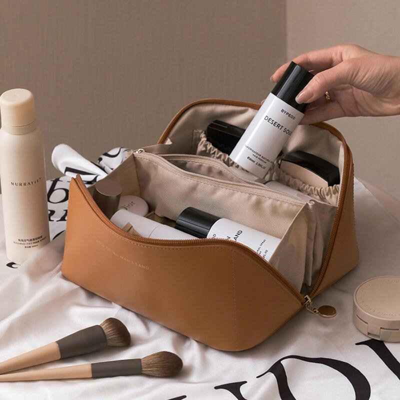 Bolsa de cosméticos de viaje de gran capacidad para mujer, bolsa de maquillaje de PU portátil, bolsa de baño impermeable, Kit de aseo multifunción
