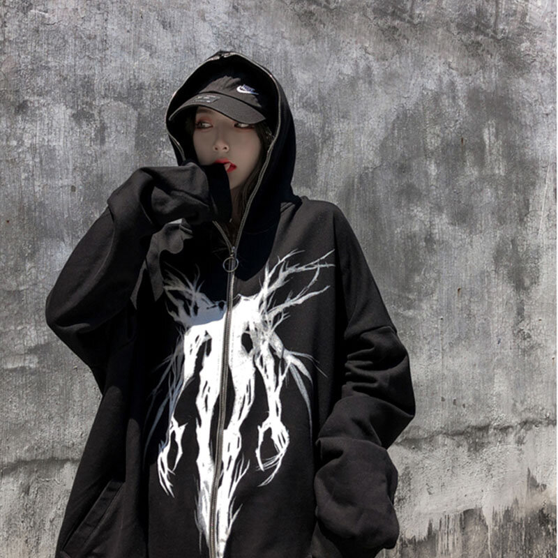 Gothic Punk พิมพ์ซิปริบบิ้น Hooded Hoodie ผู้หญิงลำลองสีดำ Cool Oversize Coat เสื้อแฟชั่น Streetwear ฤดูใบไม้ร่วง