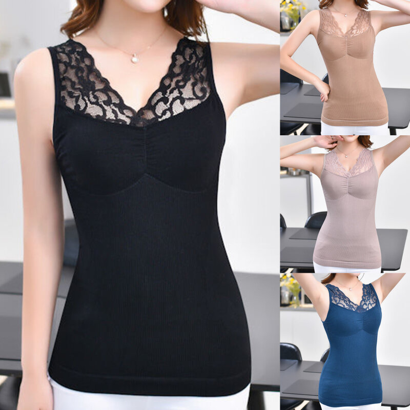 Winter Women Thermal Vest Underwear With Chest Pad Tank Pullovers Lace V-neck Body Slim Shaper Tops Sleeveless Waistcoat