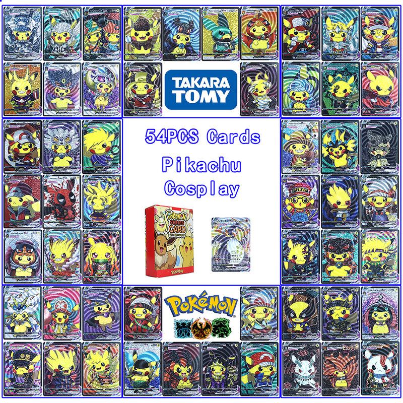 Cartas de Pokémon de 999 puntos, Pikachu, Cosplay, Thor, Luffy, Goku, Zoro, Gengar, Deadpool, Charizard, Vmax, juego de batalla, caja de cartas de colección raras
