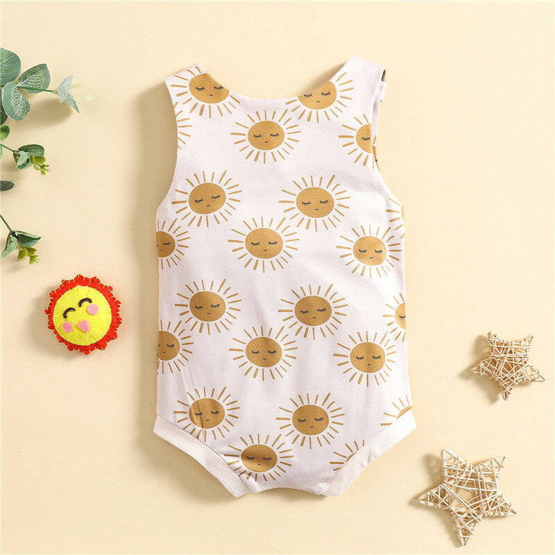 Newborn Baby Girls Romper Summer Casual Sleeveless Crew Neck Sun/Flower Print Button Closure Bodysuit Homewear