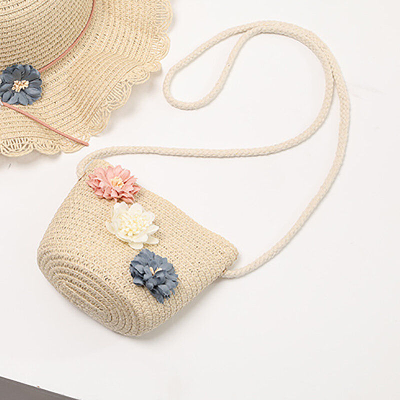 Girl's Floral Rattan Mini Shoulder Bag Summer Straw Beach Bag Crossbody Bag Kid's Casual Messenger Bags Children Handbag