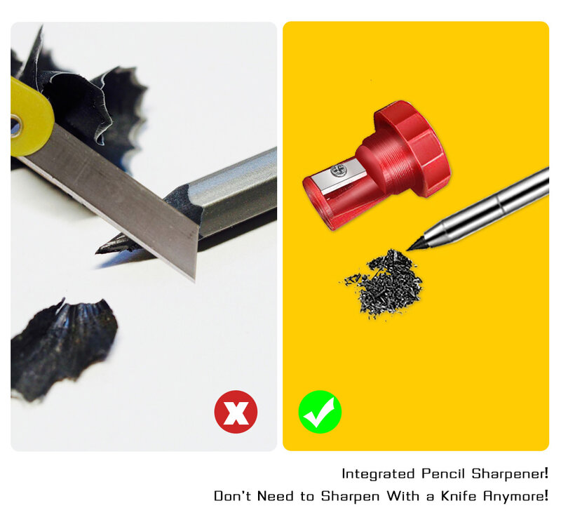 Ensemble de crayons de charpentier solide avec 7 têtes de recharge, affûteur intégré, outils de marquage pour le travail du bois, graveur de marquage de menuiserie à trous profonds