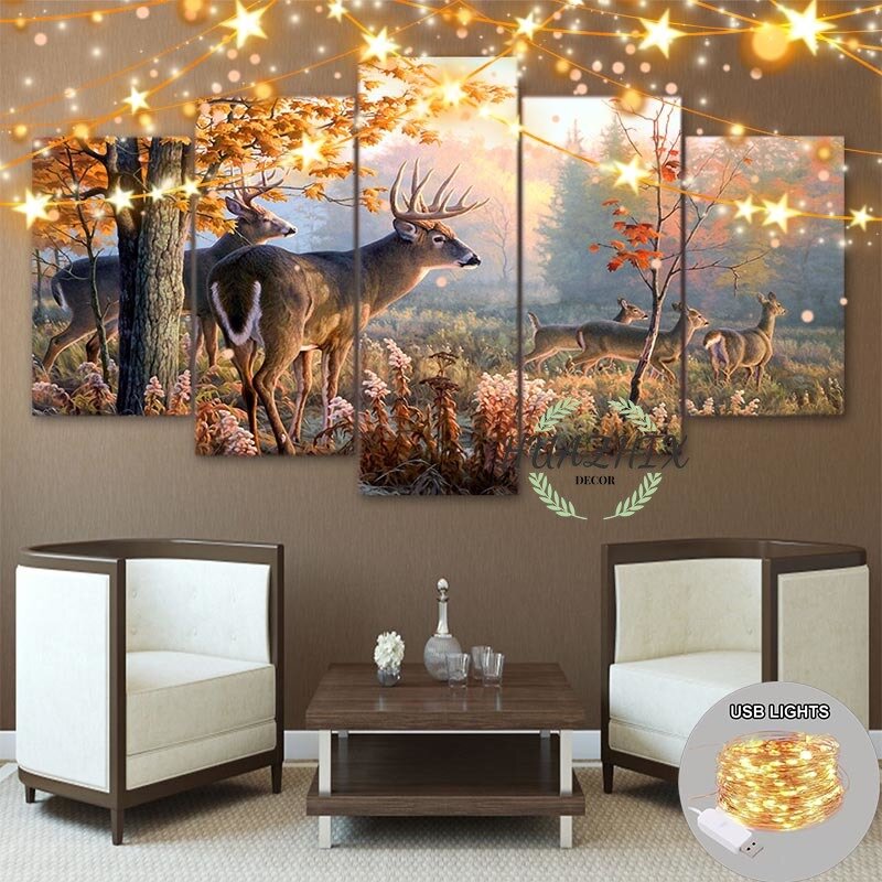 Quadro moderno stampato su tela a 5 pannelli con arte leggera Poster modulare foresta cervo paesaggio decorazioni per la casa immagini per soggiorno
