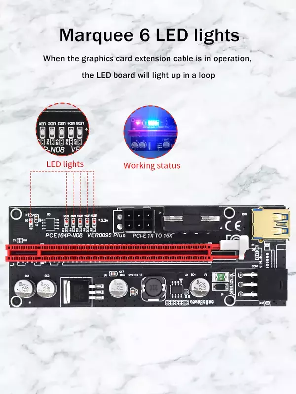 TISHRIC – Carte PCIE Riser 009S PCI Express pour Minage de Crypto Monnaie, 6 broches vers SATA 1X 16X USB 3.0, Extendeur LED, ETH, BTC, 6 Pièces Fournies