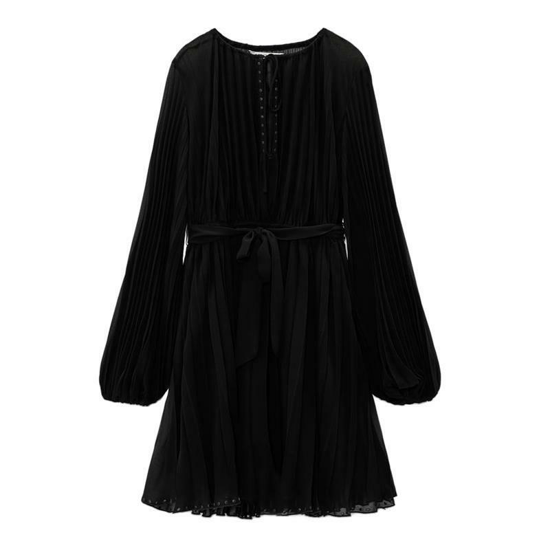 Suninbox-Vestido decorado com nó de laço feminino, gola redonda, manga comprida, cinturão preto, cor pura, plissado, novo, 2023
