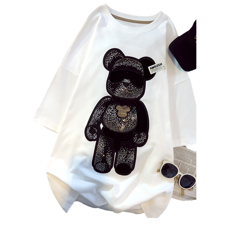 T-shirt Musim Panas Leher Bulat Beruang Lengan Pendek Wanita 2022 Baru Wanita Longgar Ukuran Besar Ramping Mode Merek Atasan Setengah Lengan Longgar