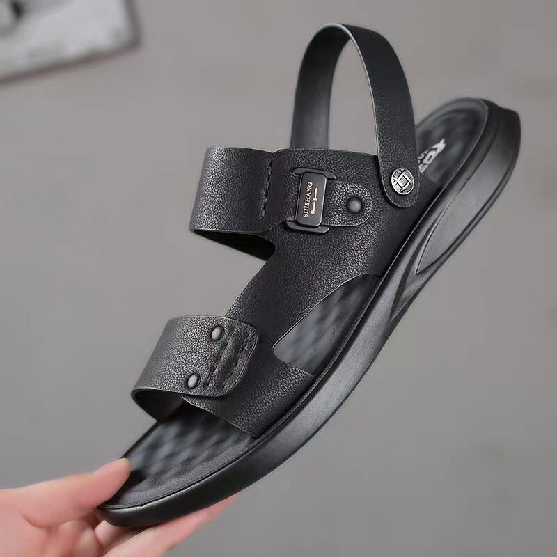 Black Genuine Leather Sandals Summer Men's Casual Outdoor Sports Beach Shoes Trend Soft Sole Two-wear Non-slip Open-toed Sandals