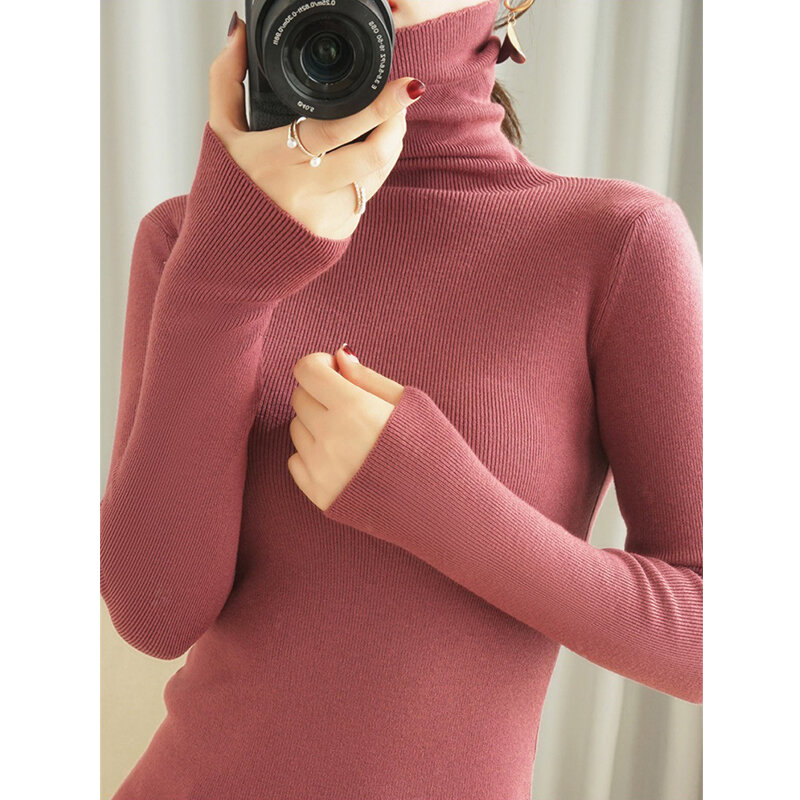 Водолазка женская осенне-зимняя базовая, повседневный облегающий пуловер с длинным рукавом, мягкий вязаный свитер, теплый джемпер