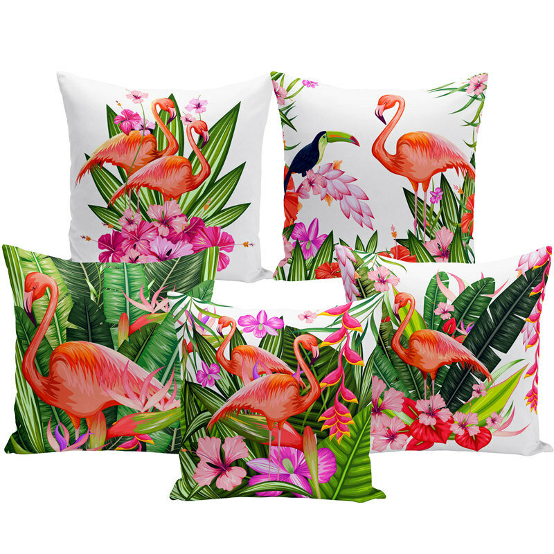 水彩プリントクッションカバーフラミンゴ鳥熱帯植物フラワー装飾枕リビングルームのソファ
