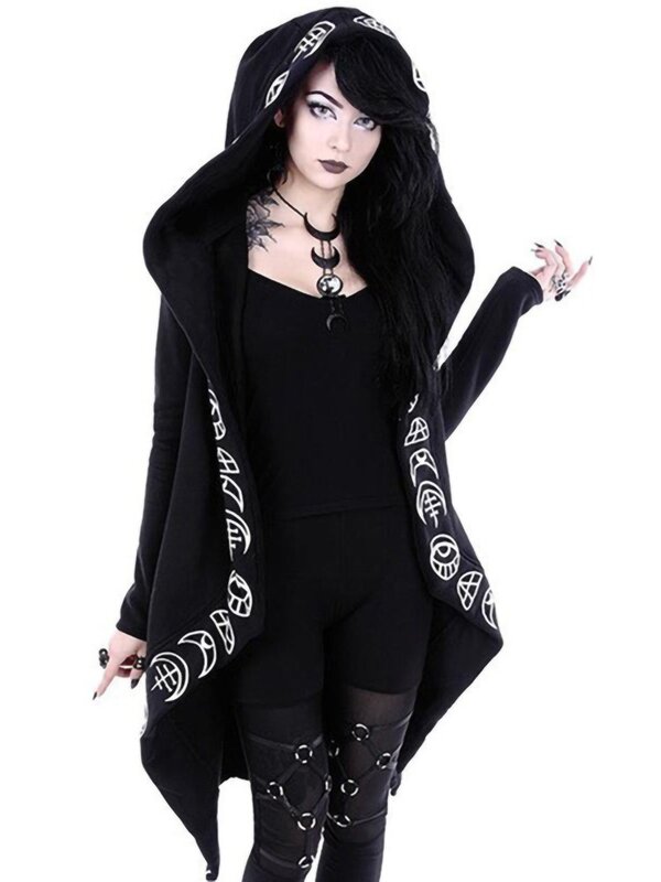 Sudadera larga con capucha para mujer, abrigo holgado de manga larga con estampado de luna de Halloween, estilo gótico y Punk, color negro, 2023