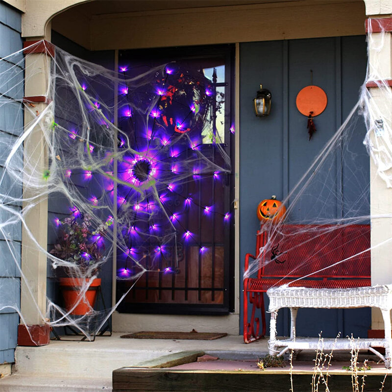 Lampu Jaring Laba-laba Hitam Tenaga Surya 60LED Lampu Dinding Jaring Laba-laba Halloween Tahan Air untuk Dekorasi Jendela Luar Ruangan Halaman Pesta