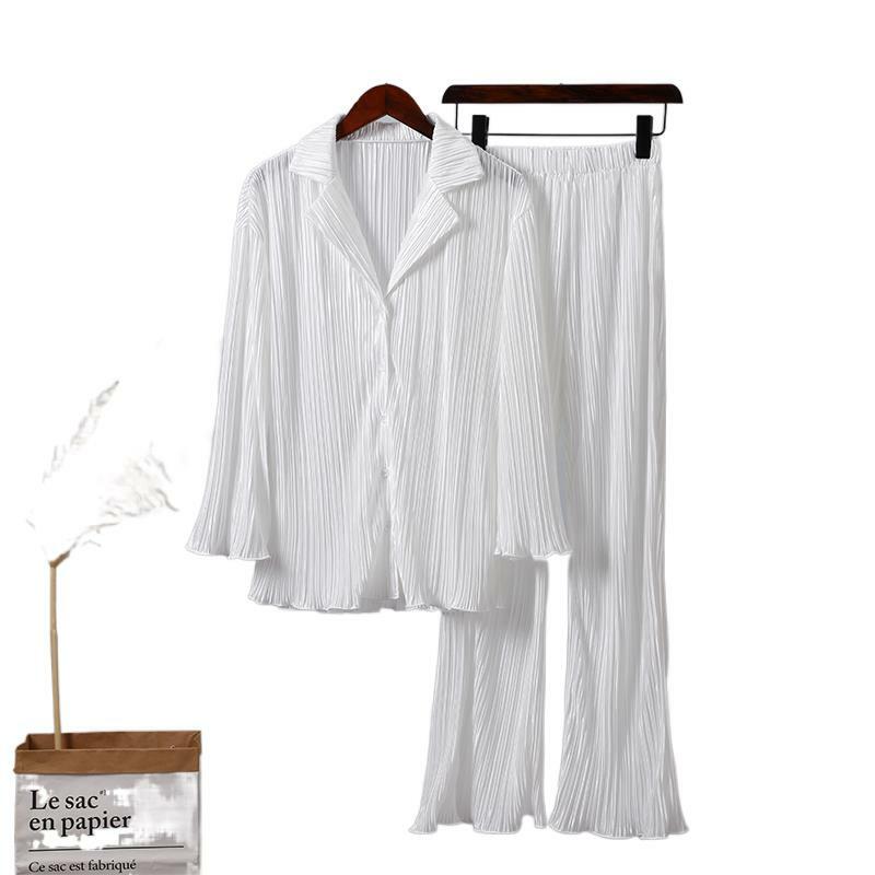 Conjunto de dos piezas de camisa plisada para mujer, traje holgado de cintura alta y pantalones de pierna ancha, traje informal elegante para oficina, 2022
