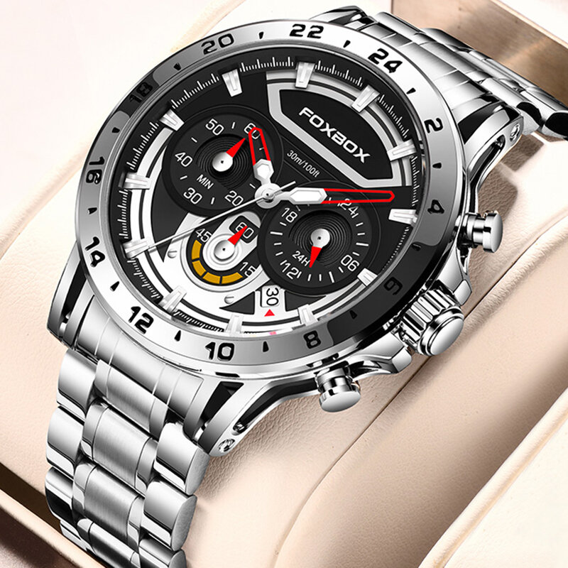 LIGE-캐주얼 스포츠 크로노그래프 남성용 시계, 스테인레스 스틸 손목시계, 큰 다이얼 쿼츠 시계, 남성용 방수 시계