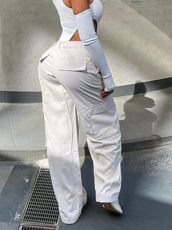 Nouveau Pantalon Cargo Baggy Blanc À La Mode Pour Femmes Y2K Mode Vêtements Boutique Grandes Poches Bas Surdimensionnés Streetwear Dames Coupe Ample Droite Jambe Large Pantalon Parachute Décontracté