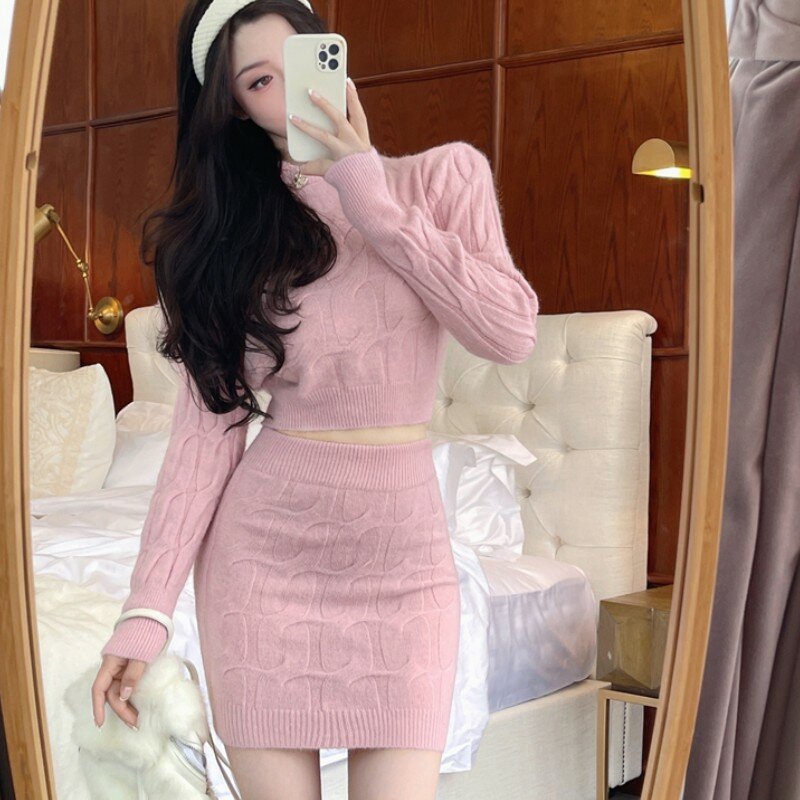 Spring Fashion White Twist Pullovers Round Long Sleeve Sweater Sexy Tops And Bodycon Mini Skirt Knitted Korean Chic Sweet