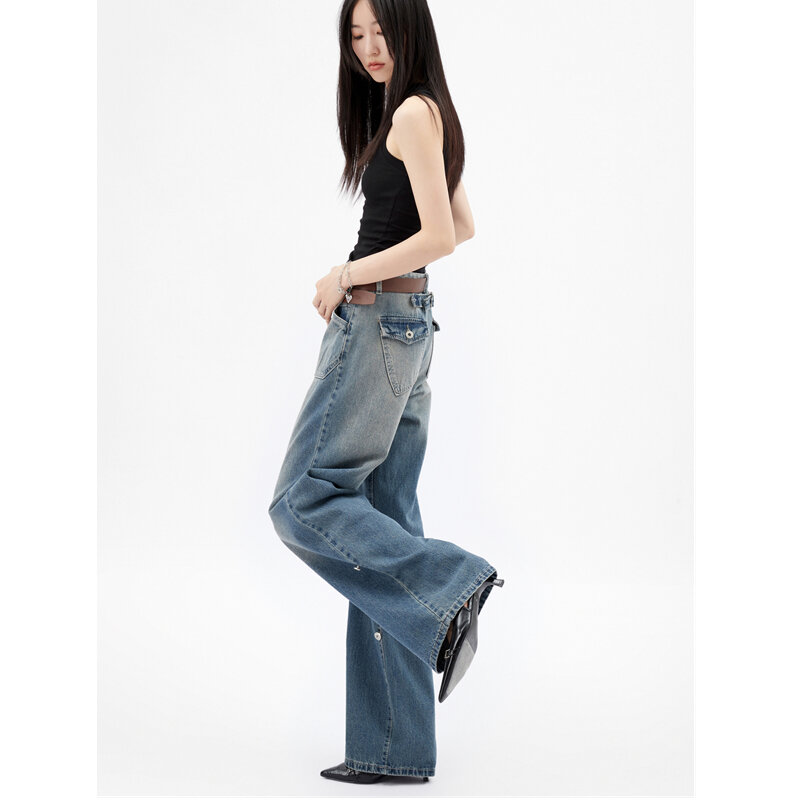 Jeans Wanita Warna Kontras Biru Celana Baggy Lurus Vintage Pinggang Tinggi Mode Streetwear Celana Denim Kaki Lebar Musim Gugur